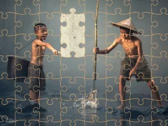 Spel Children Fishing Teamwork Jigsaw aanlyn